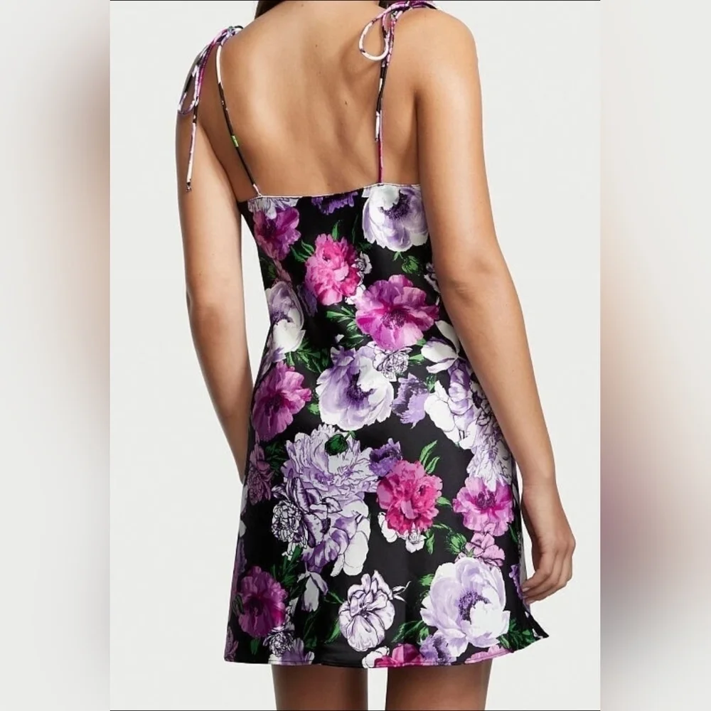 Victoria's Secret Tie Shoulders Black Pink Purple Rose Floral Satin Mini Slip